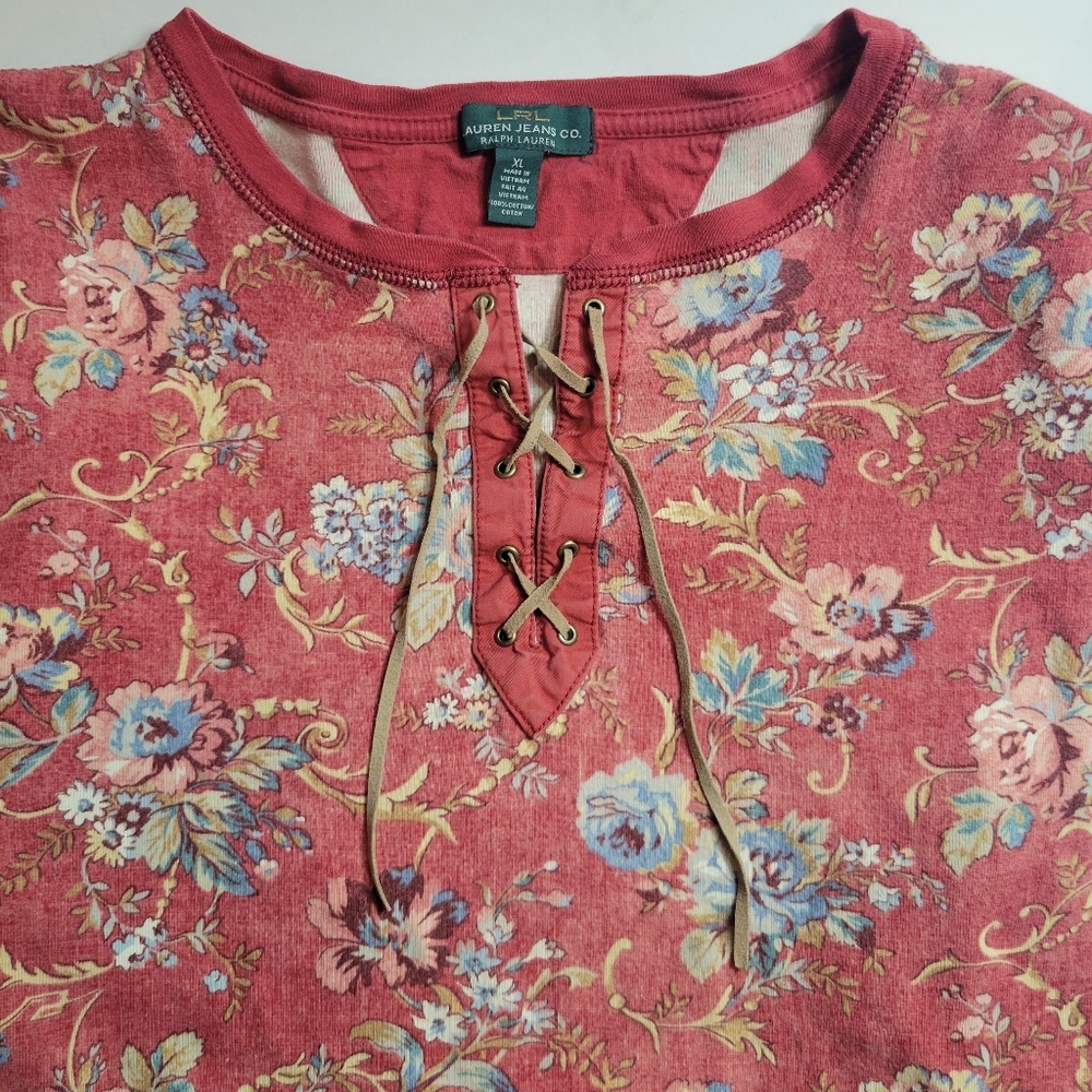 Ralph Lauren Jeans Co Y2K Boho Floral Lace Up Top Womens XL Red Cottagecore